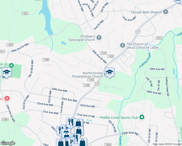 map of restaurants, bars, coffee shops, grocery stores, and more near 32 37th Avenue Northwest in Hickory