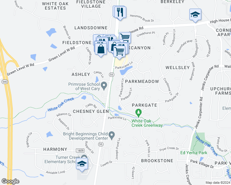 map of restaurants, bars, coffee shops, grocery stores, and more near 109 Park Oaks Court in Cary