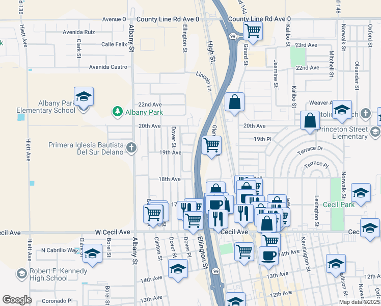 map of restaurants, bars, coffee shops, grocery stores, and more near 1836 Dover Street in Delano