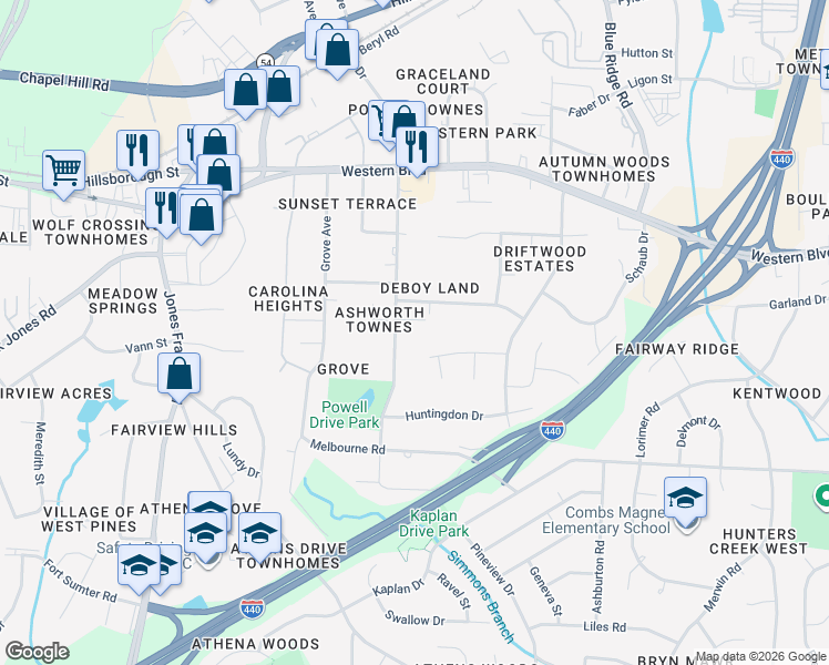 map of restaurants, bars, coffee shops, grocery stores, and more near 715 Powell Drive in Raleigh