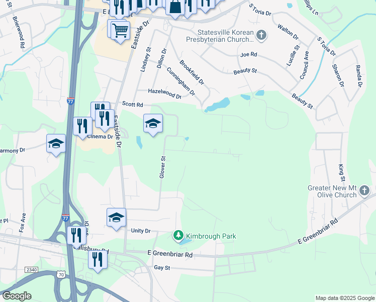 map of restaurants, bars, coffee shops, grocery stores, and more near Ora Drive in Statesville