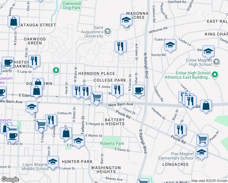 map of restaurants, bars, coffee shops, grocery stores, and more near 1313 Boyer Street in Raleigh