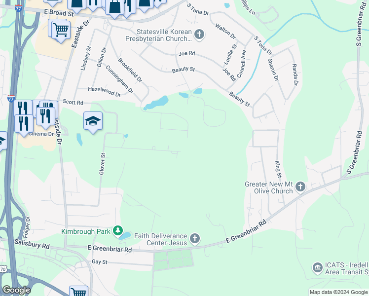 map of restaurants, bars, coffee shops, grocery stores, and more near Ora Drive in Statesville