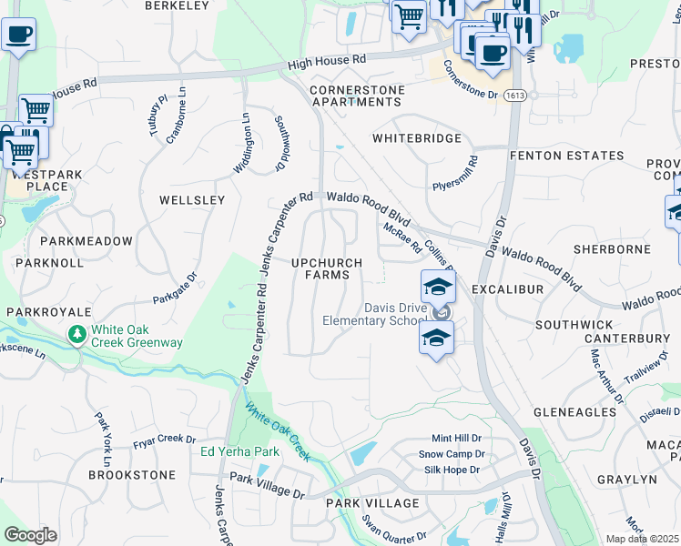 map of restaurants, bars, coffee shops, grocery stores, and more near 257 Joshua Glen Lane in Cary