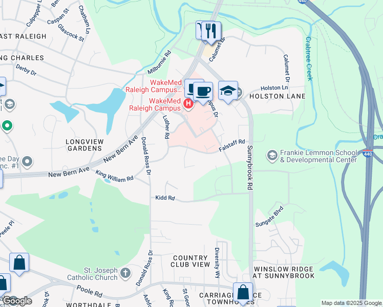 map of restaurants, bars, coffee shops, grocery stores, and more near 2940 Falstaff Road in Raleigh
