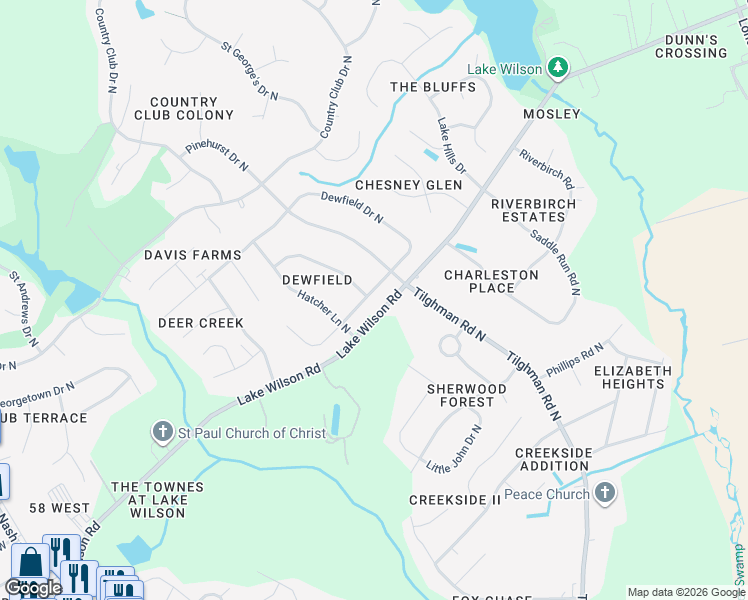 map of restaurants, bars, coffee shops, grocery stores, and more near 4222-4308 Lake Wilson Road in Wilson