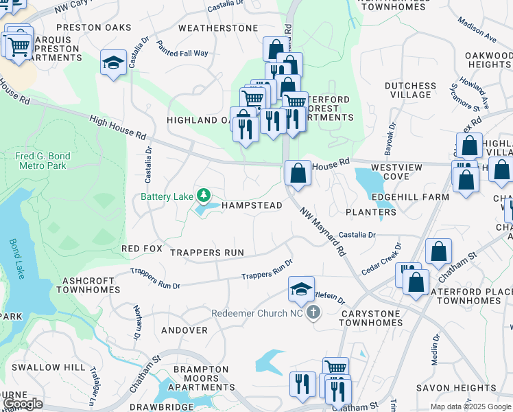 map of restaurants, bars, coffee shops, grocery stores, and more near 117 Antler Point Drive in Cary