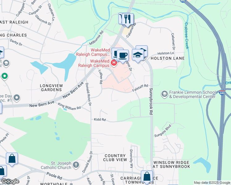 map of restaurants, bars, coffee shops, grocery stores, and more near 2940 Falstaff Road in Raleigh