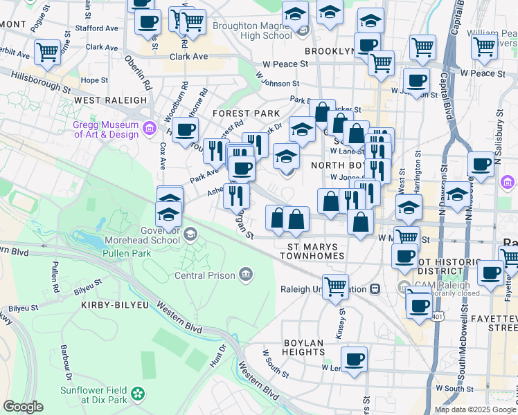 map of restaurants, bars, coffee shops, grocery stores, and more near 15 Mayo Street in Raleigh