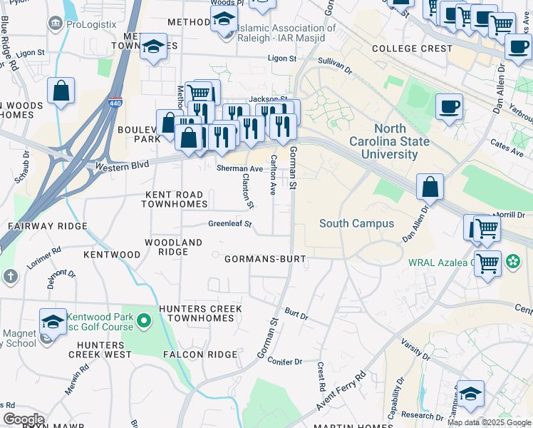 map of restaurants, bars, coffee shops, grocery stores, and more near 1222 Carlton Avenue in Raleigh