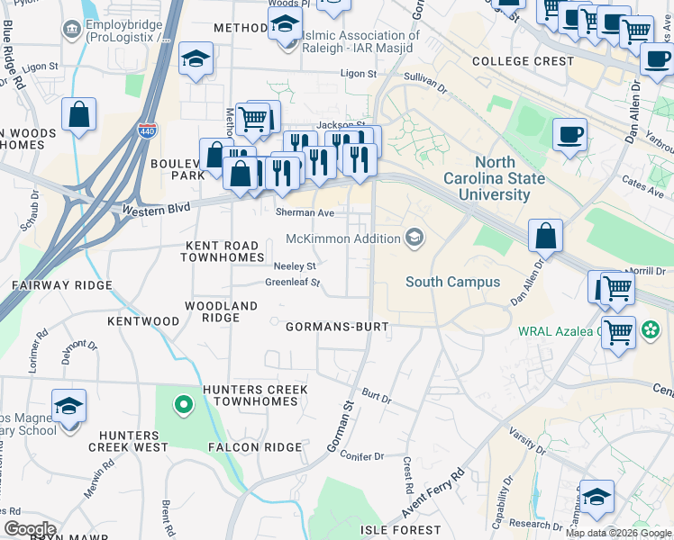map of restaurants, bars, coffee shops, grocery stores, and more near 1222 Carlton Avenue in Raleigh