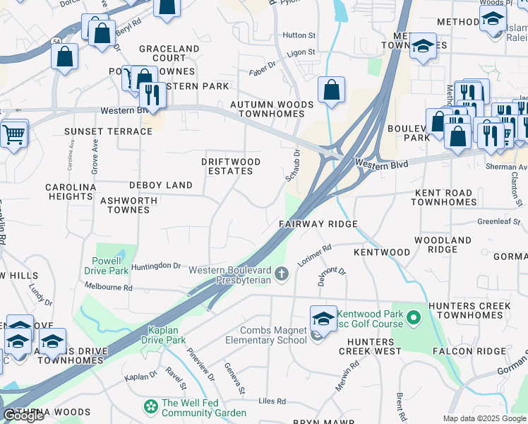 map of restaurants, bars, coffee shops, grocery stores, and more near 1207 Teakwood Place in Raleigh