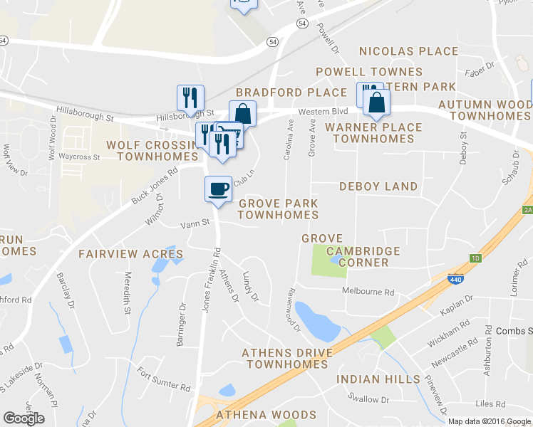 map of restaurants, bars, coffee shops, grocery stores, and more near 5112 Vann Street in Raleigh