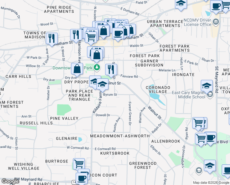 map of restaurants, bars, coffee shops, grocery stores, and more near 120 Byrum Street in Cary