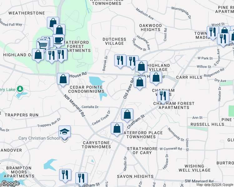 map of restaurants, bars, coffee shops, grocery stores, and more near 111 Wethersfield Drive in Cary