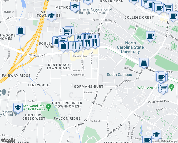 map of restaurants, bars, coffee shops, grocery stores, and more near 1208 Carlton Avenue in Raleigh