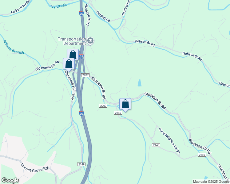 map of restaurants, bars, coffee shops, grocery stores, and more near 30 Chambers Drive in Weaverville