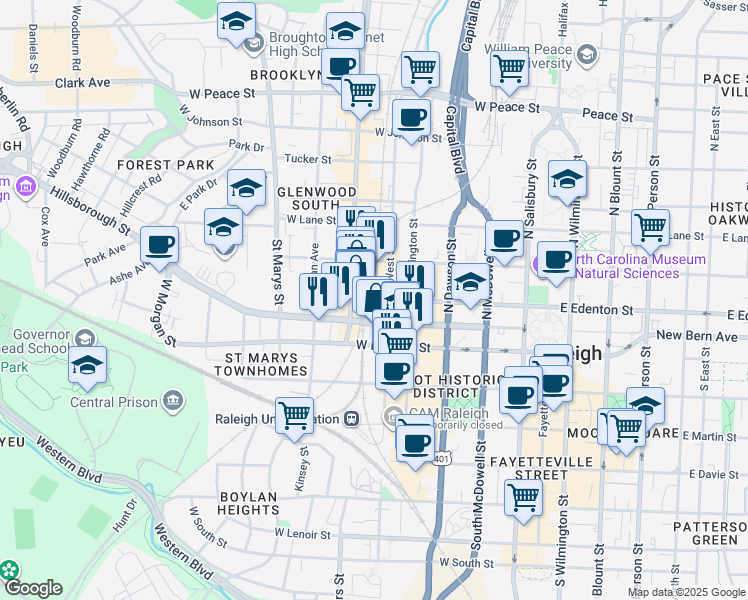 map of restaurants, bars, coffee shops, grocery stores, and more near 510 Hillsborough Street in Raleigh