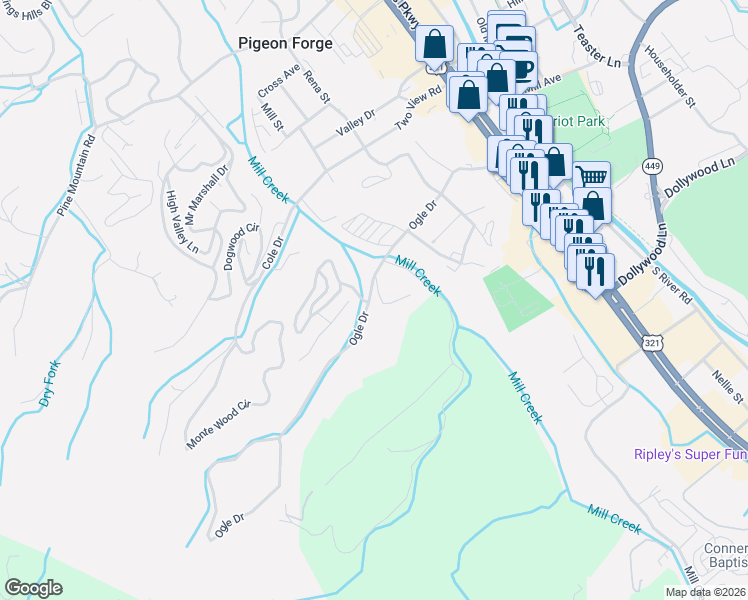 map of restaurants, bars, coffee shops, grocery stores, and more near 434 Ogle Drive in Pigeon Forge