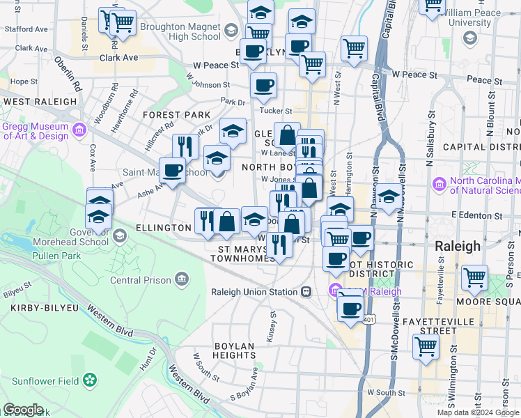map of restaurants, bars, coffee shops, grocery stores, and more near 12 Saint Marys Street in Raleigh