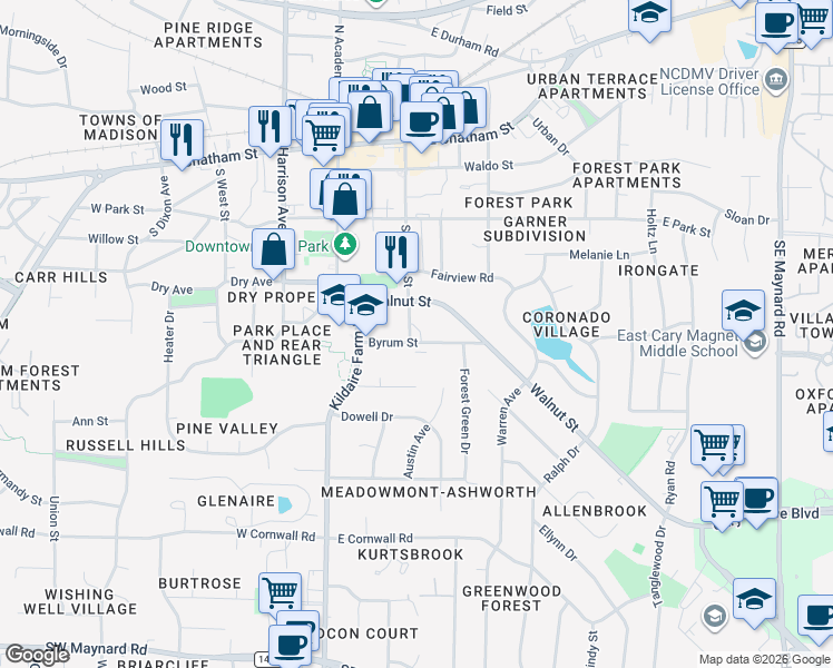 map of restaurants, bars, coffee shops, grocery stores, and more near 120 Byrum Street in Cary