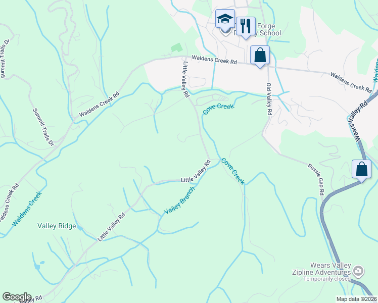 map of restaurants, bars, coffee shops, grocery stores, and more near 2050 Little Valley Road in Sevierville