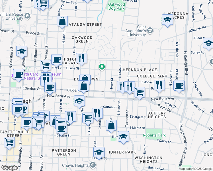map of restaurants, bars, coffee shops, grocery stores, and more near 120 Idlewild Avenue in Raleigh