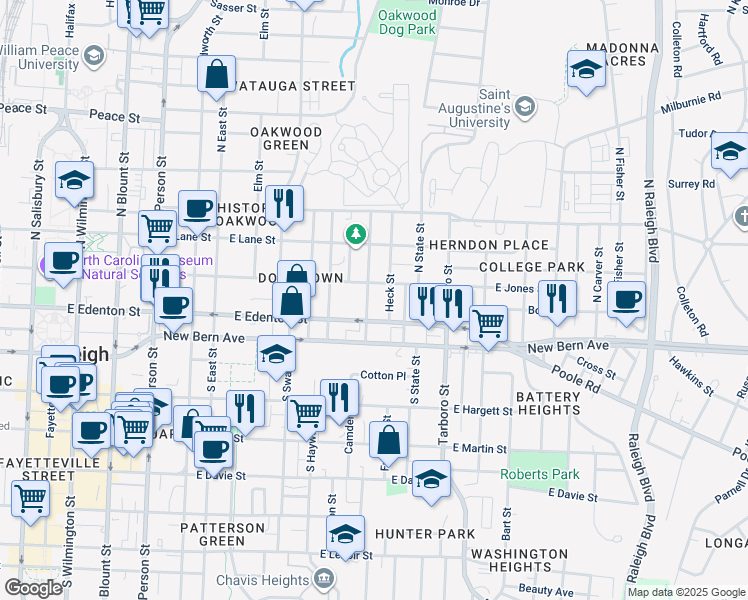map of restaurants, bars, coffee shops, grocery stores, and more near 120 Idlewild Avenue in Raleigh