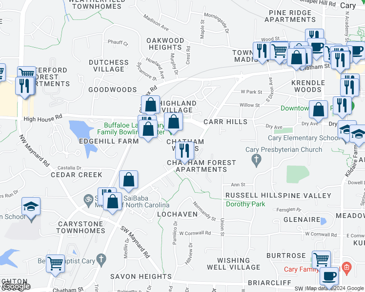 map of restaurants, bars, coffee shops, grocery stores, and more near 109 Chatham Woods Drive in Cary