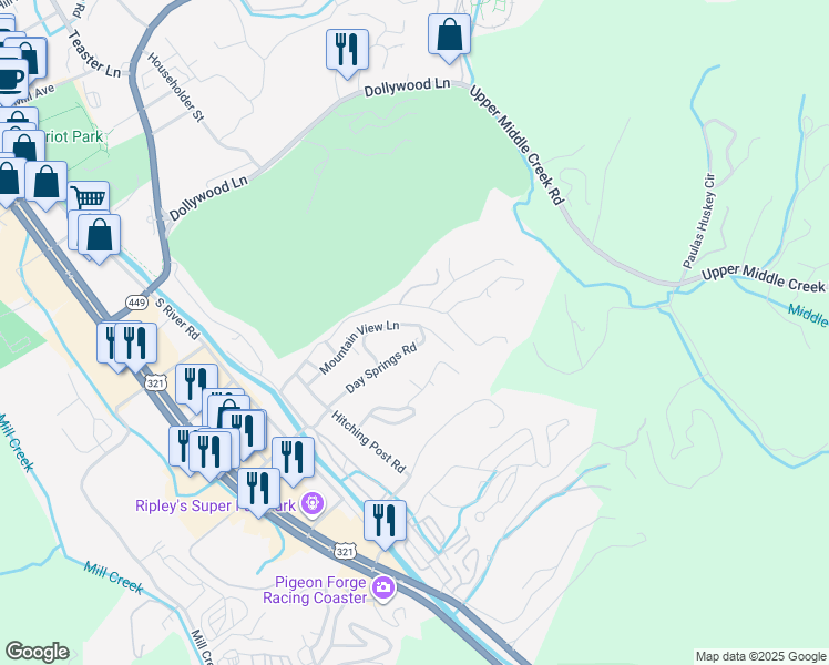 map of restaurants, bars, coffee shops, grocery stores, and more near 443 Day Springs Road in Pigeon Forge