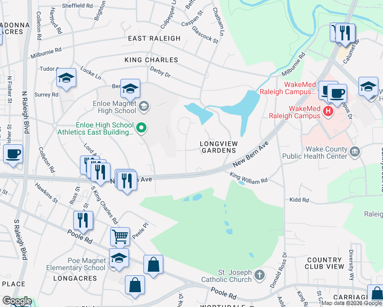 map of restaurants, bars, coffee shops, grocery stores, and more near in Raleigh