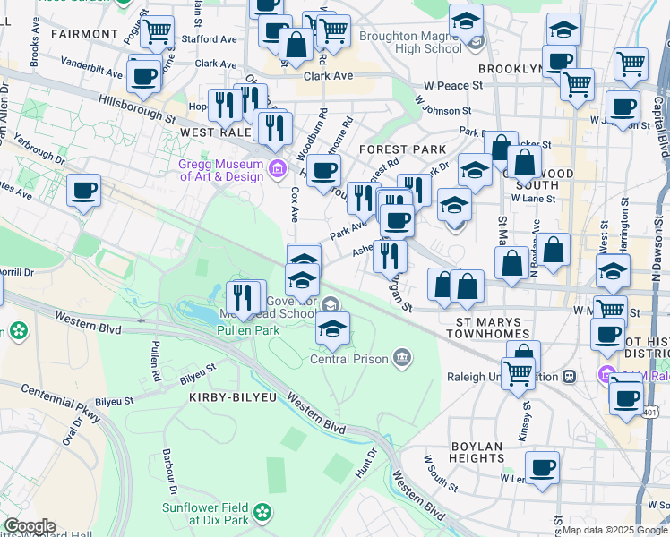 map of restaurants, bars, coffee shops, grocery stores, and more near 211 Ashe Avenue in Raleigh