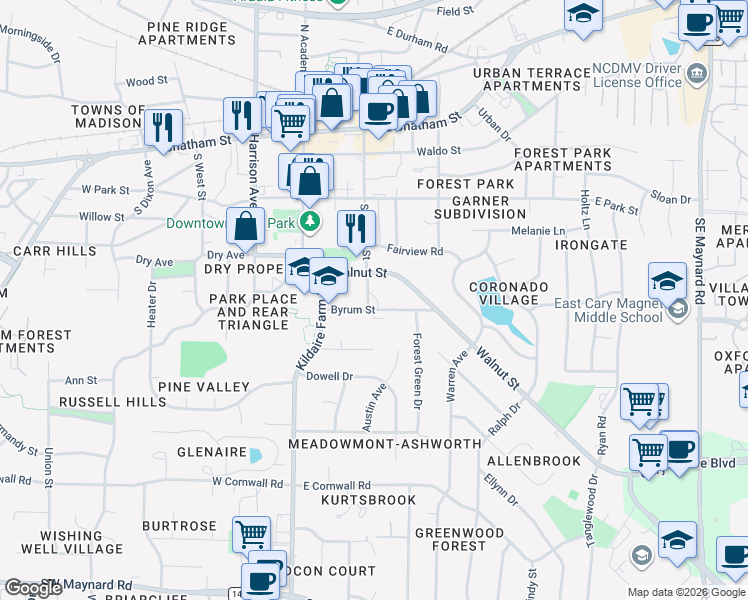 map of restaurants, bars, coffee shops, grocery stores, and more near 120 Byrum Street in Cary