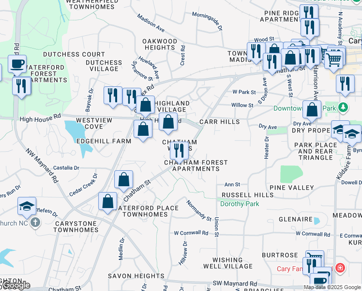 map of restaurants, bars, coffee shops, grocery stores, and more near 828 West Chatham Street in Cary
