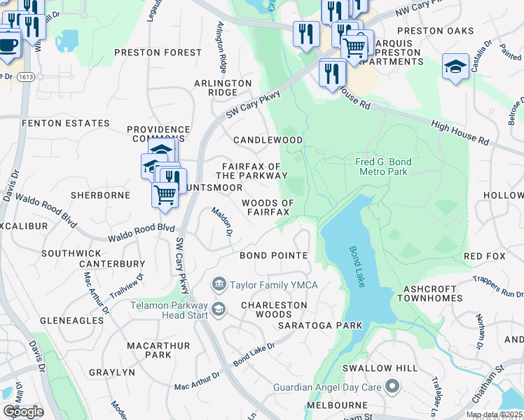 map of restaurants, bars, coffee shops, grocery stores, and more near 102 Ranchero Court in Cary