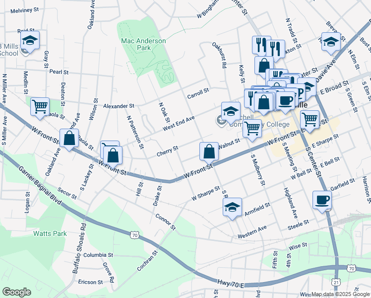 map of restaurants, bars, coffee shops, grocery stores, and more near 114 South Oak Street in Statesville