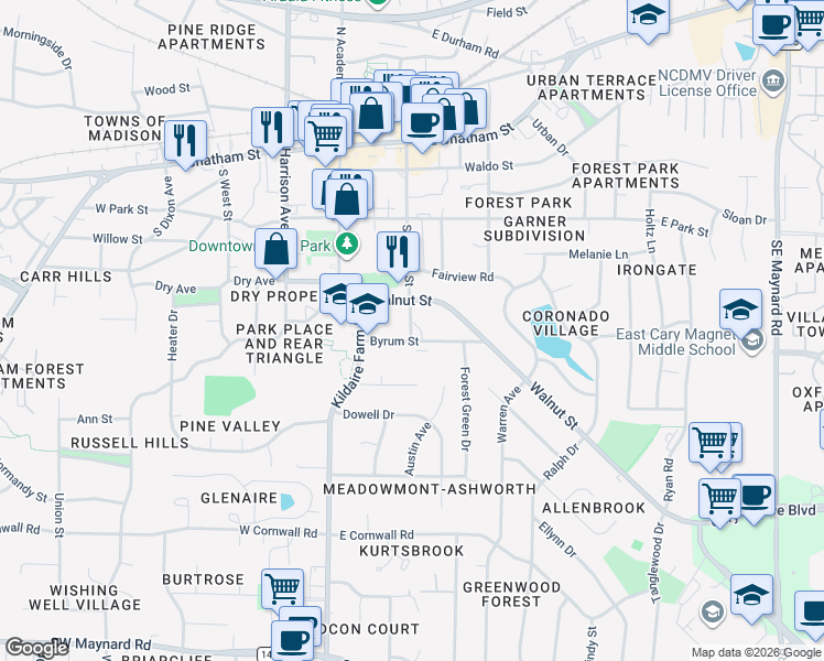 map of restaurants, bars, coffee shops, grocery stores, and more near 120 Byrum Street in Cary