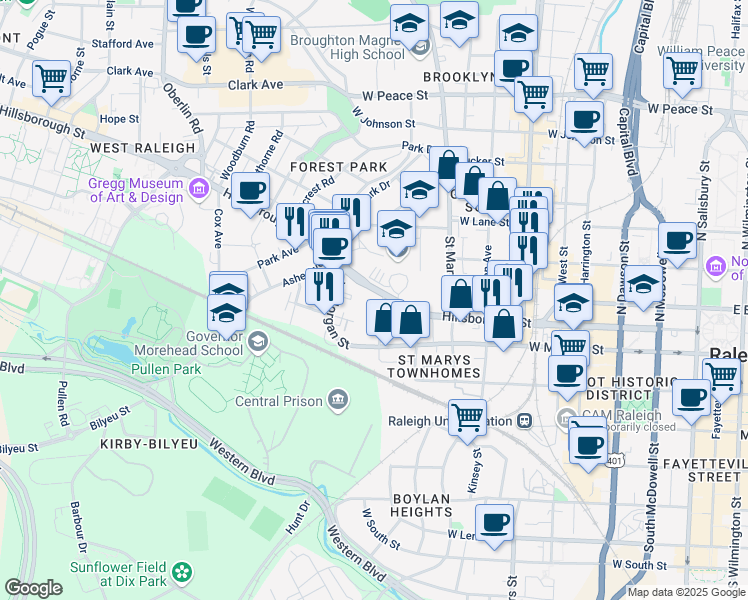 map of restaurants, bars, coffee shops, grocery stores, and more near 1001 Hillsborough Street in Raleigh