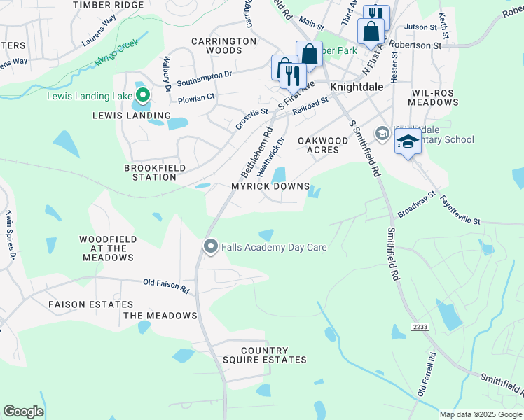 map of restaurants, bars, coffee shops, grocery stores, and more near 103 Iron Kettle Court in Knightdale