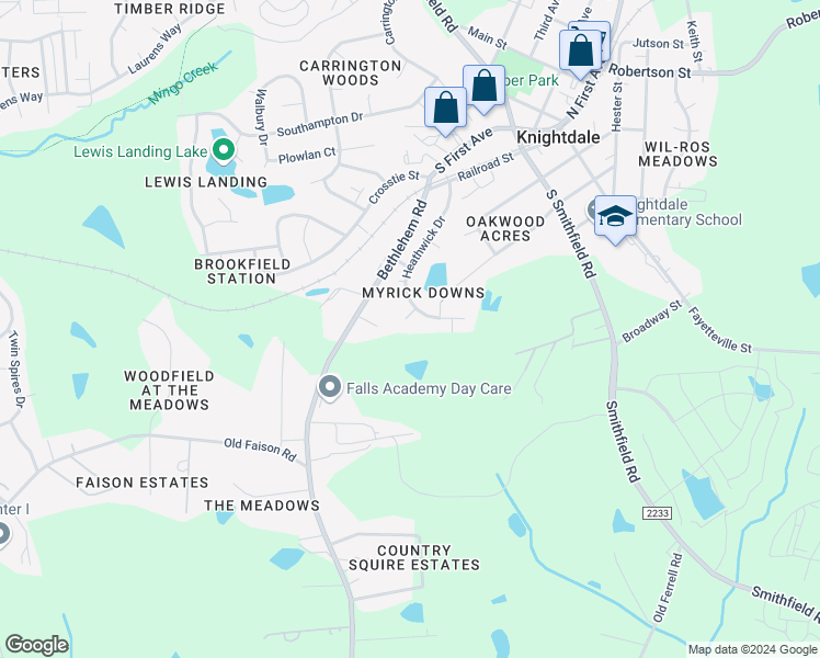 map of restaurants, bars, coffee shops, grocery stores, and more near 103 Iron Kettle Court in Knightdale