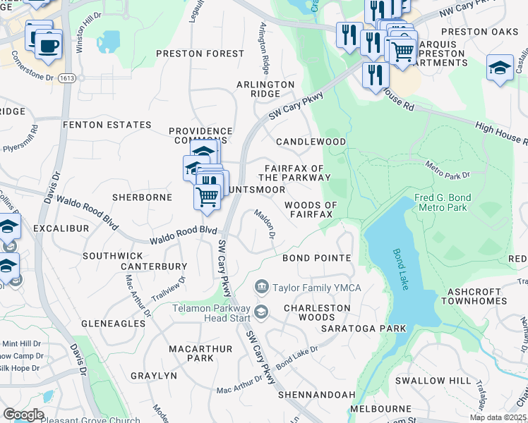 map of restaurants, bars, coffee shops, grocery stores, and more near 127 Maldon Drive in Cary