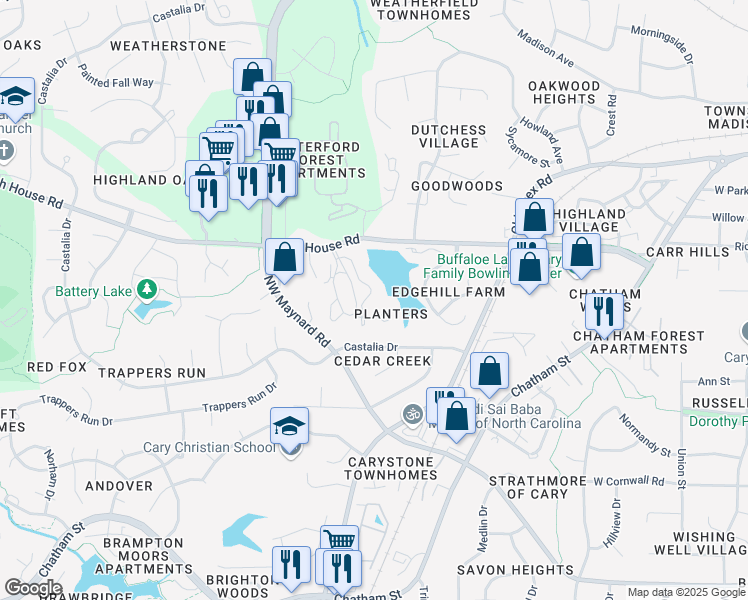 map of restaurants, bars, coffee shops, grocery stores, and more near 731 Springfork Drive in Cary