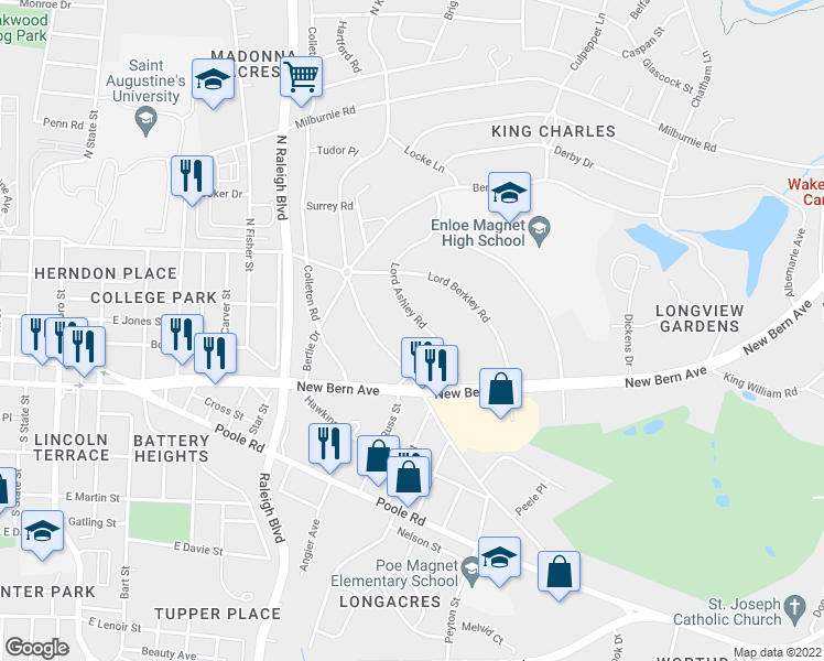 map of restaurants, bars, coffee shops, grocery stores, and more near 129 Lord Ashley Road in Raleigh