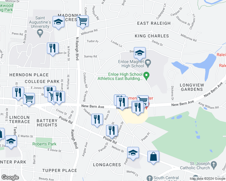 map of restaurants, bars, coffee shops, grocery stores, and more near 129 Lord Ashley Road in Raleigh