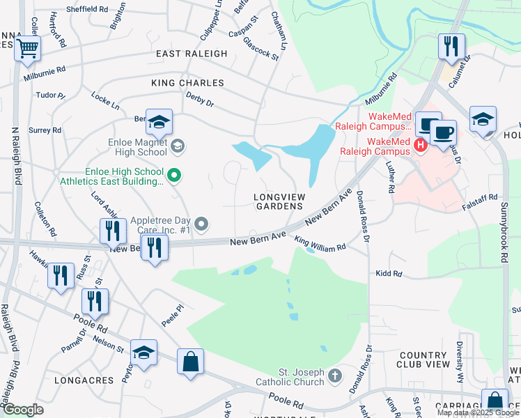 map of restaurants, bars, coffee shops, grocery stores, and more near 100 Stonelake Court in Raleigh