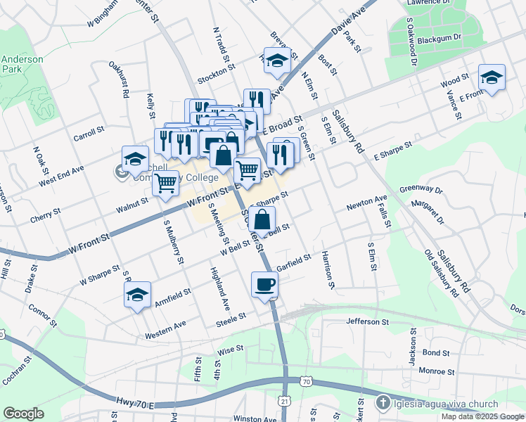 map of restaurants, bars, coffee shops, grocery stores, and more near 120 East Sharpe Street in Statesville