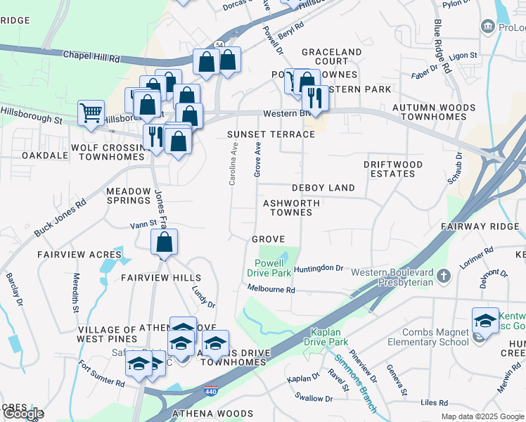map of restaurants, bars, coffee shops, grocery stores, and more near 717 Grove Avenue in Raleigh