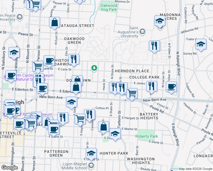 map of restaurants, bars, coffee shops, grocery stores, and more near 105 North State Street in Raleigh