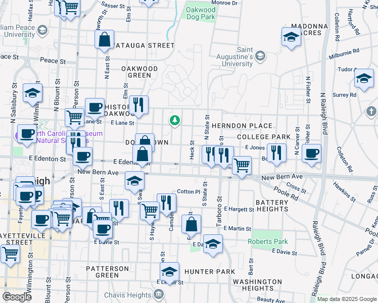 map of restaurants, bars, coffee shops, grocery stores, and more near 117 Heck Street in Raleigh