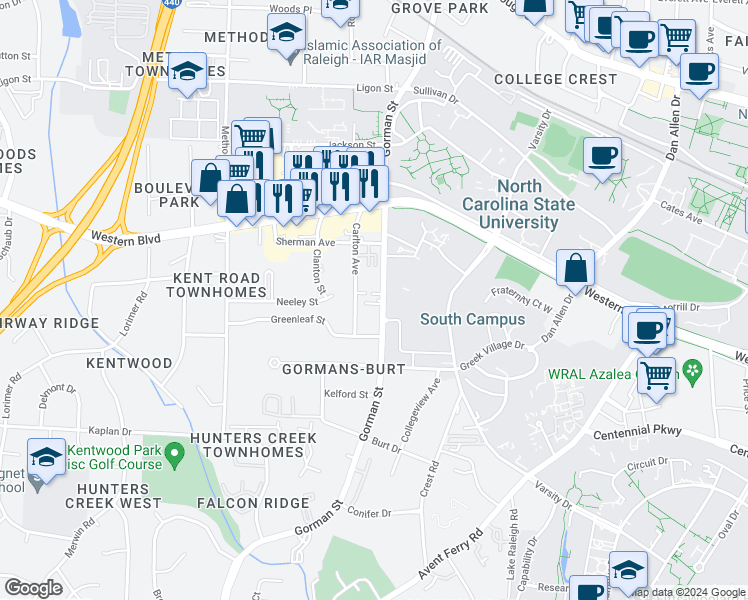 map of restaurants, bars, coffee shops, grocery stores, and more near 1224 Gorman Street in Raleigh